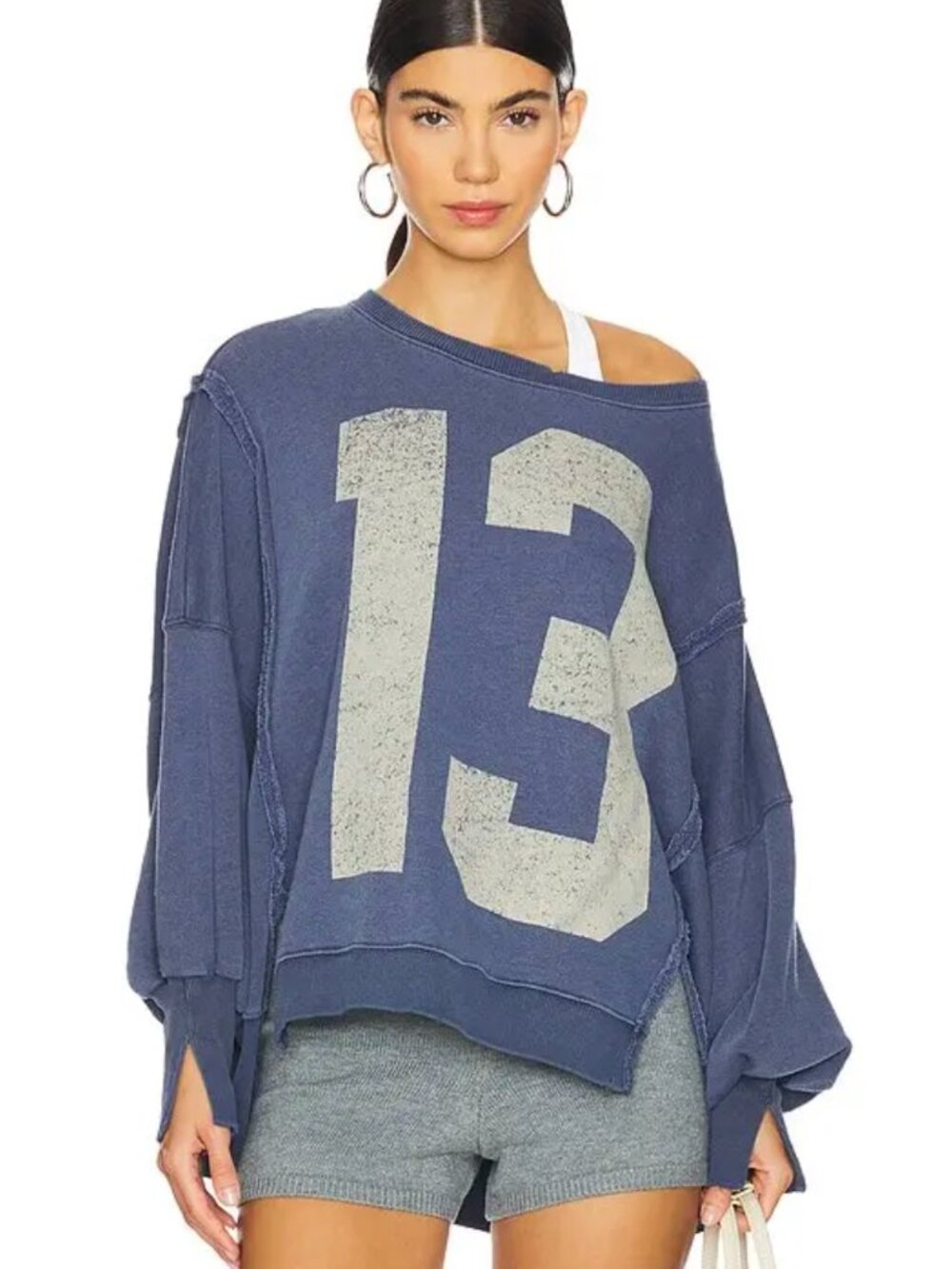 We The Free Graphic Camden 13 Navy Oversized Varsity Pullover Sweatshirt Boho Sm